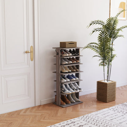7-Tier Gray Shoe Rack - Storage Organizer with Hooks for Living Room