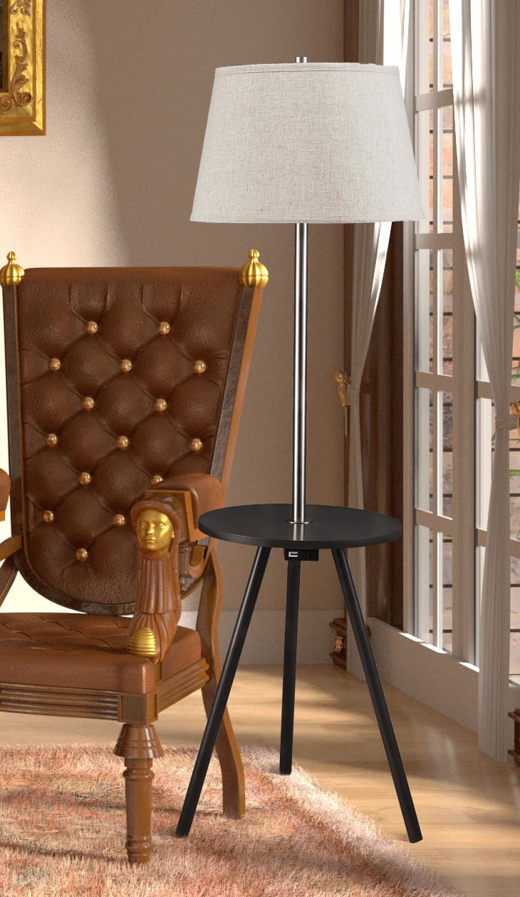 57" Round Sofa Side Table w/ Lamp and Power Station - Espresso Metal