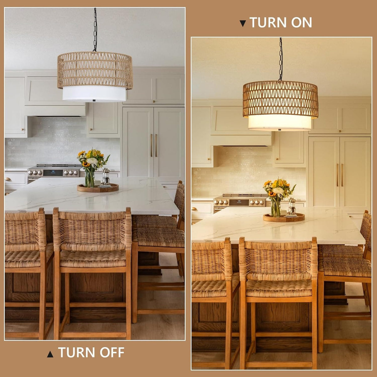 Farmhouse Rattan Chandelier - 5-Light Boho Dining Room Lighting