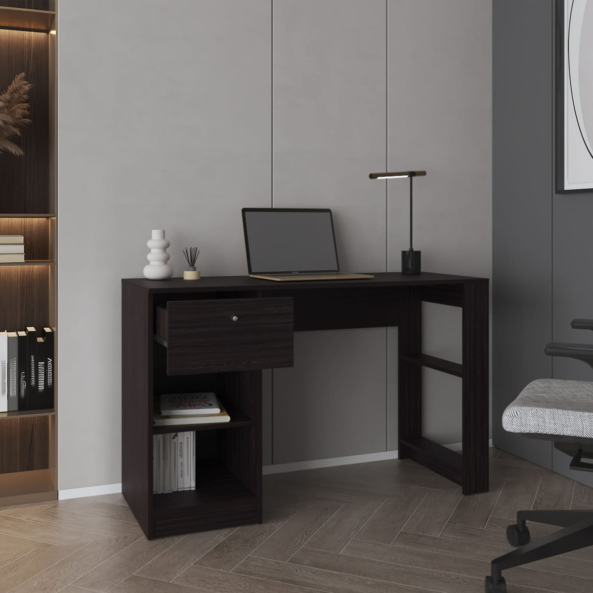 Black Computer Desk - 1 Drawer & 2 Shelves - Storage Workstation