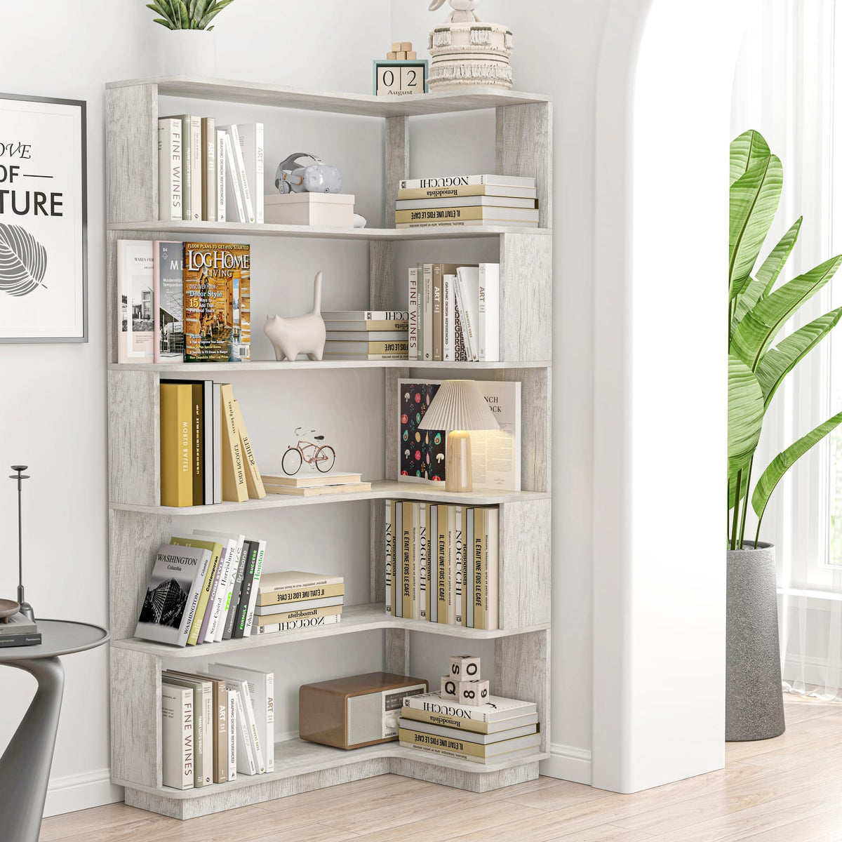 90cm Corner Bookshelf - Light Gray MDF Display Cabinet