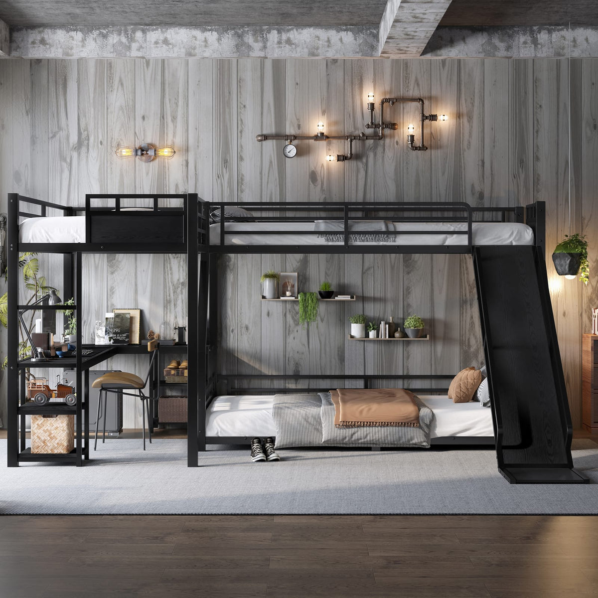 Metal Triple Bunk Bed with Desk and Slide for Kids Playroom for Bedroom
