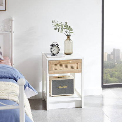 White Rattan End Table with Drawer - Nightstand for Bedroom or Living Room
