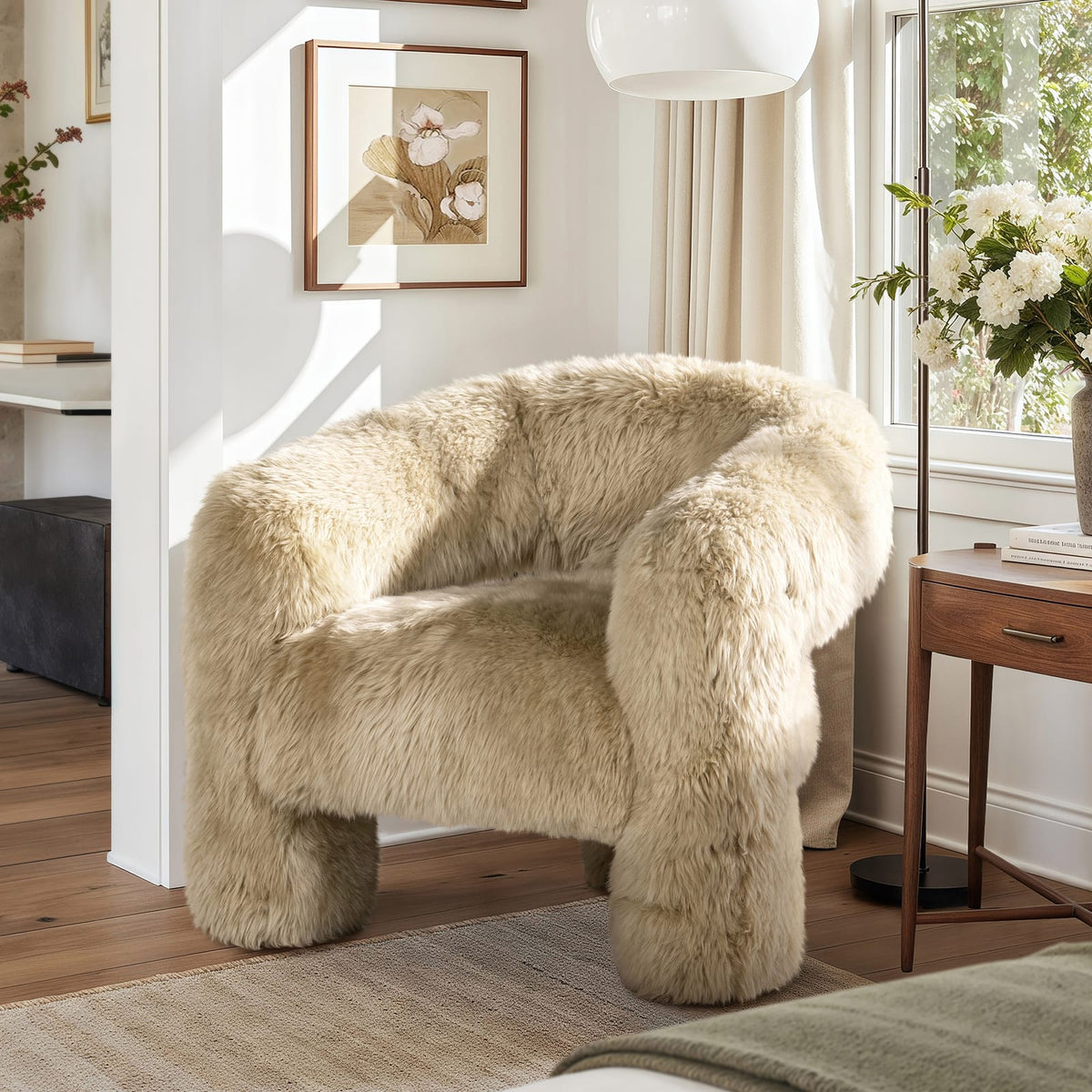 Avalon Sheepskin Accent Chair - Natural Blonde Fur, 35" for Living Room