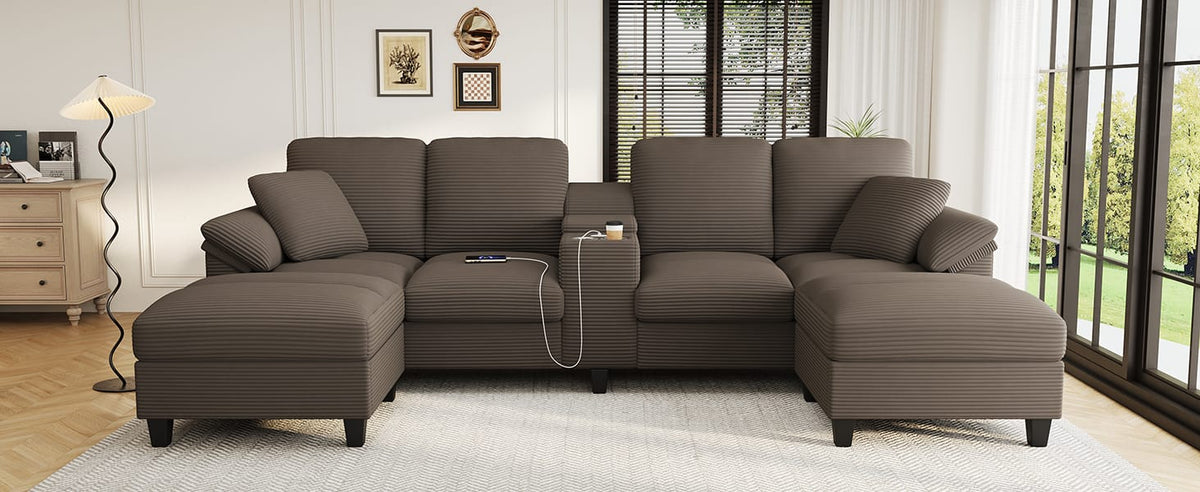 Brown Corduroy Sectional Sofa - 4 Seat U-Shaped with Storage