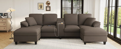 Brown Corduroy Sectional Sofa - 4 Seat U-Shaped with Storage