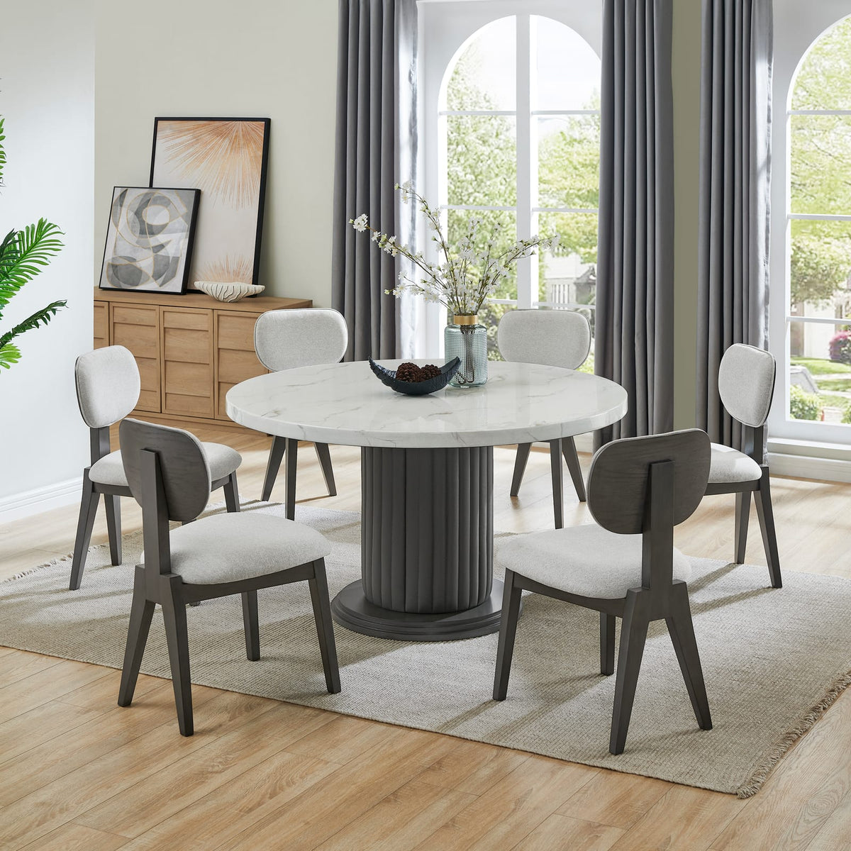 White Gray Dining Table Set 6 Chairs Round Tabletop