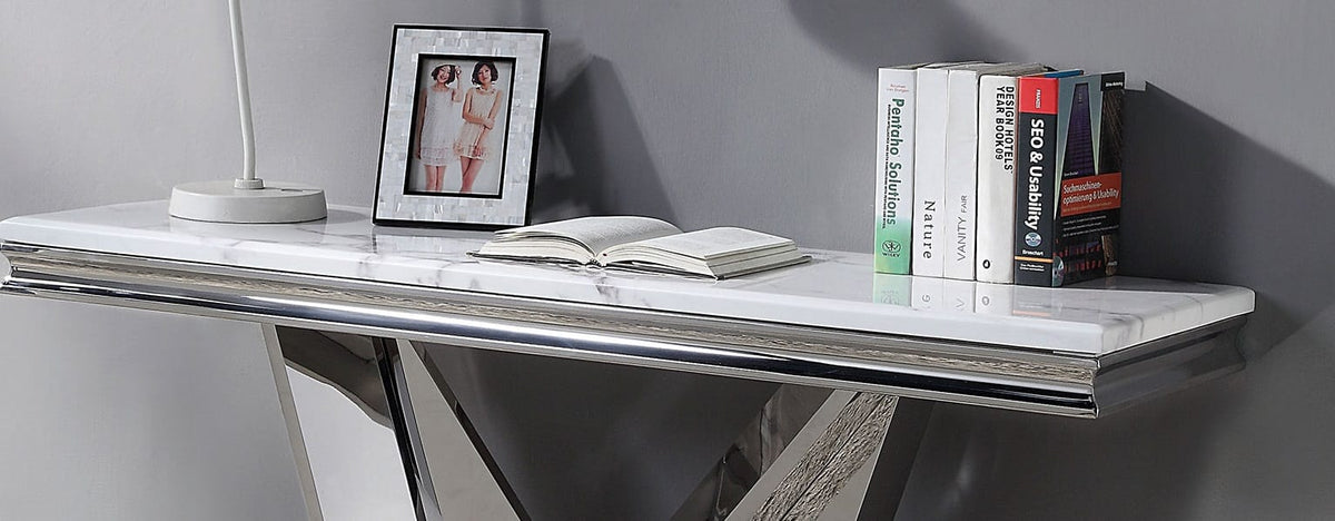 Glam Stainless Steel Table - Chrome Finish, Faux Marble Top
