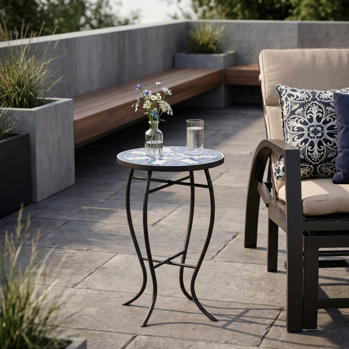 White Blue Ceramic Tile Outdoor Side Table