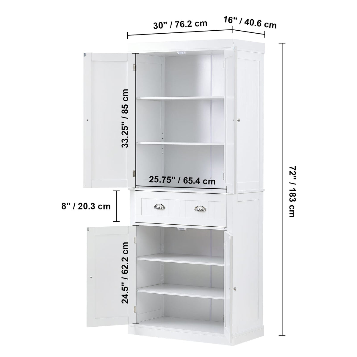 72" White Kitchen Pantry Cabinet with Adjustable Shelves for Living Room
