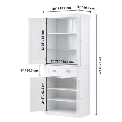 72" White Kitchen Pantry Cabinet with Adjustable Shelves for Living Room