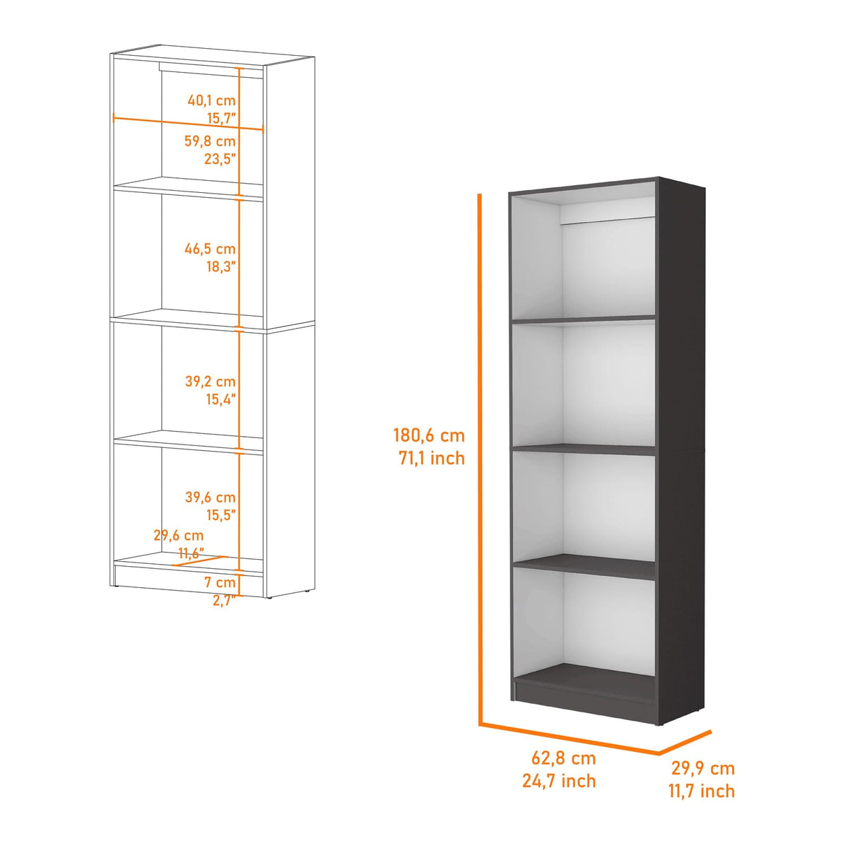 Grey White Wood Bookcase 4 Shelves Storage