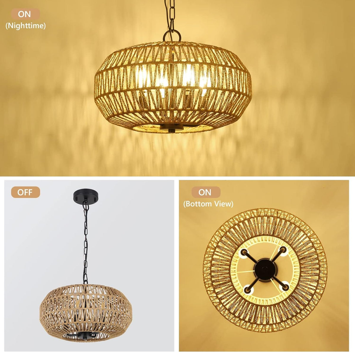 Farmhouse Rattan Pendant Lights - 4-Light Boho Chandelier