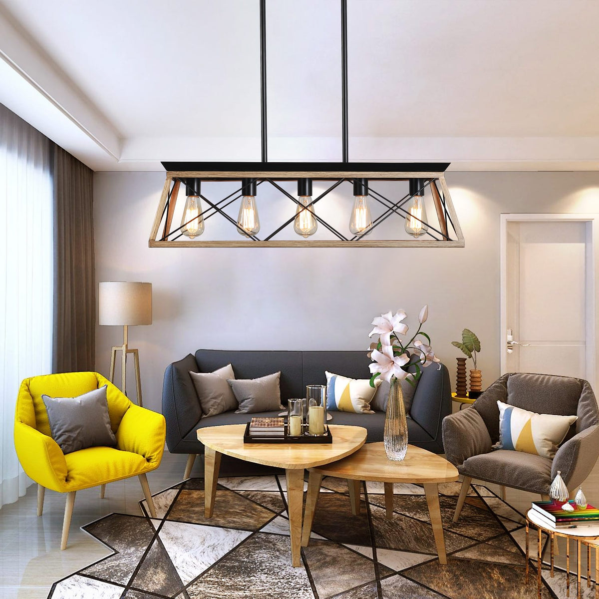 31.5" Oak Iron Industrial Pendant Chandelier - Modern Lighting