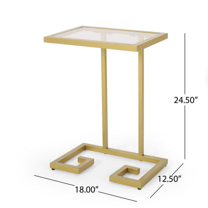 Gold Iron C-Shaped End Table with Tempered Glass Top for Living Room