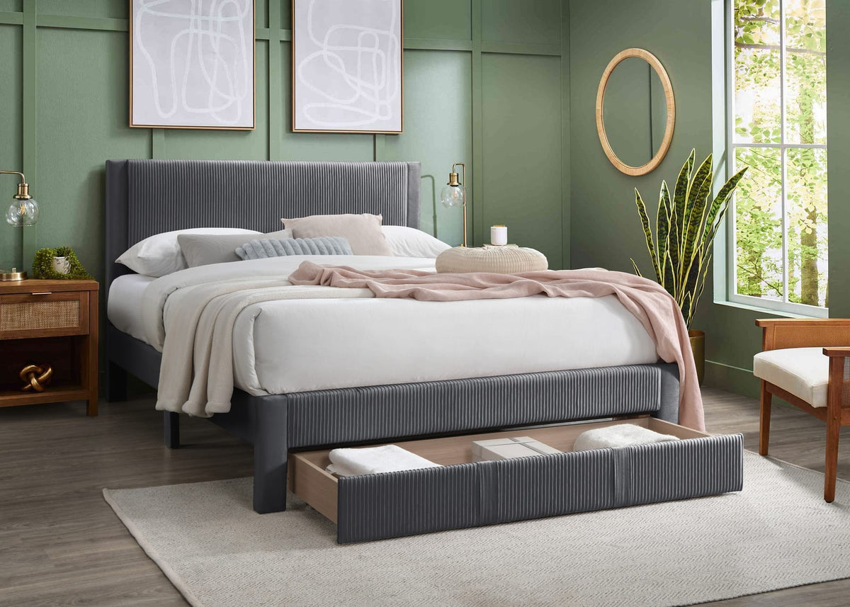 Queen Corduroy Bed Frame Charcoal Wood Platform Bed for Bedroom