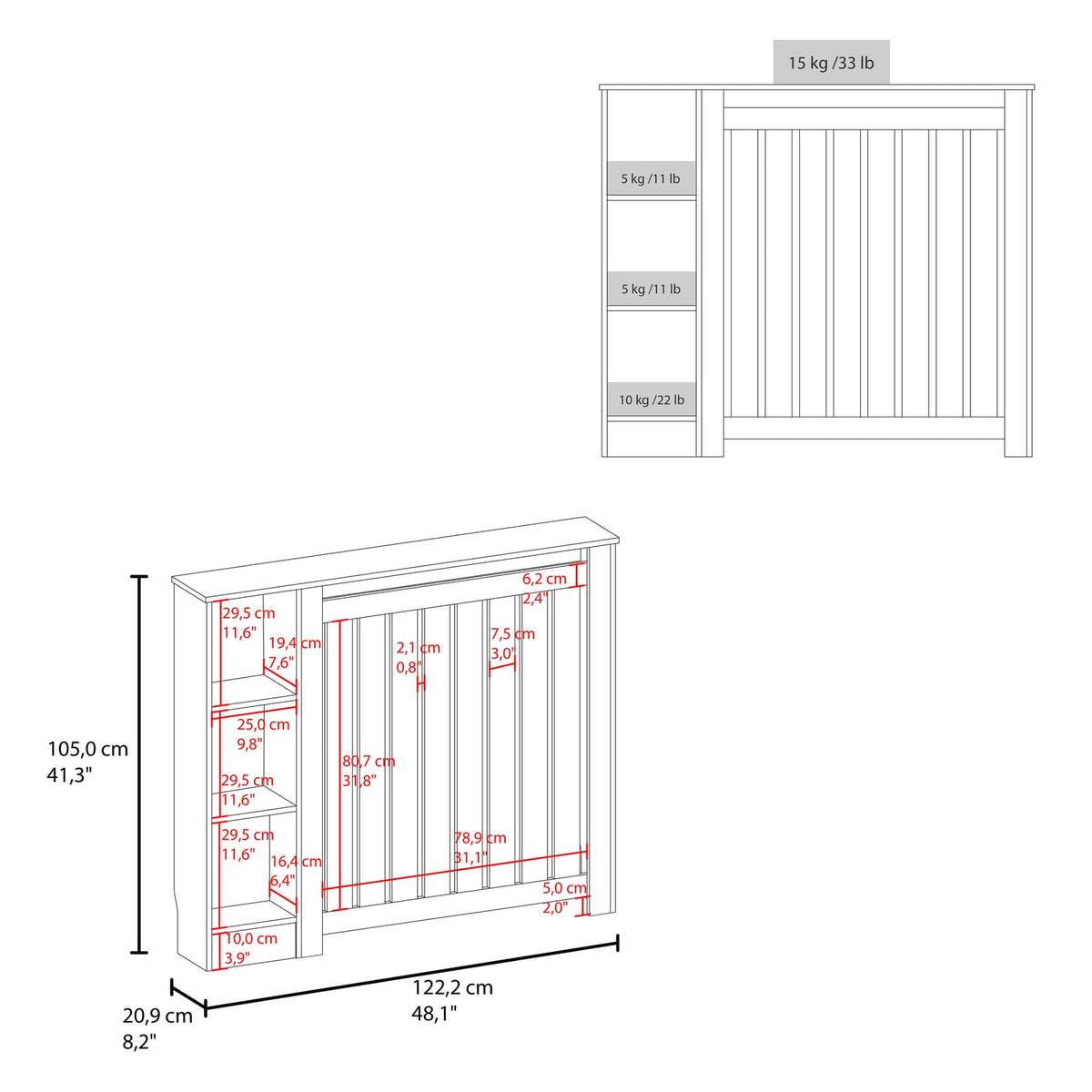 Radiator Cover Cabinet, 3 Shelves, White - Ready to Assemble
