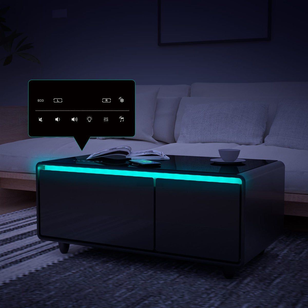 Modern Smart Coffee Table with Built-in Fridge & USB Ports, Black for Living Room