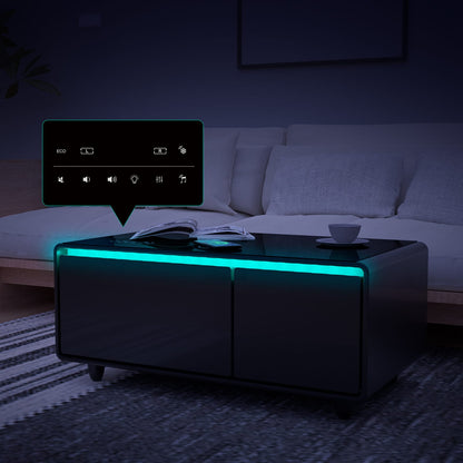 Modern Smart Coffee Table with Built-in Fridge & USB Ports, Black for Living Room