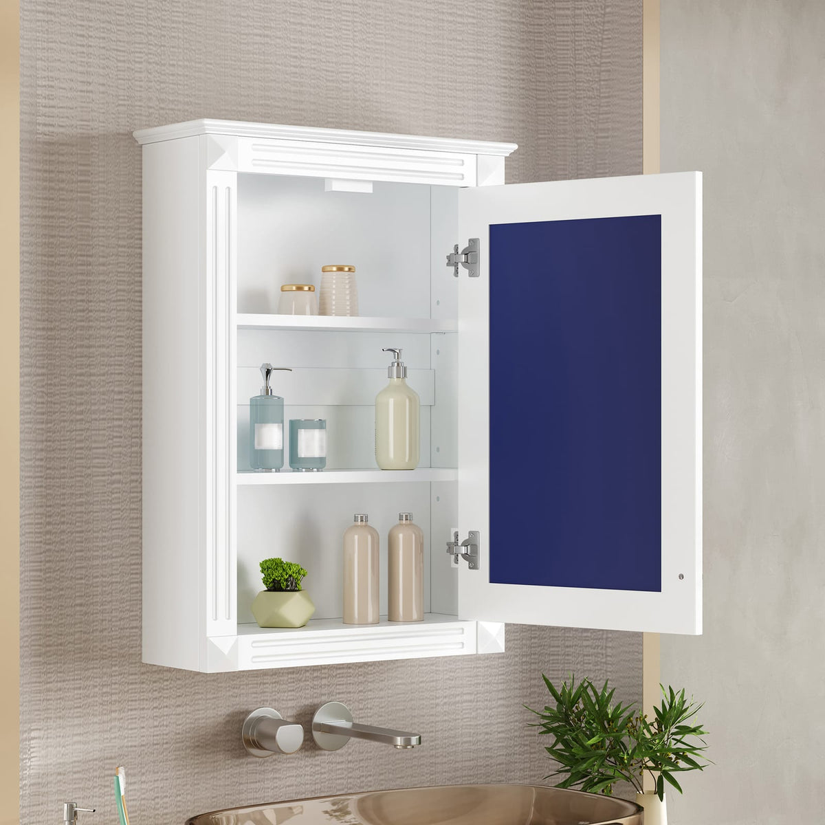 White Bathroom Storage Cabinet with Mirror - 2 Shelves
