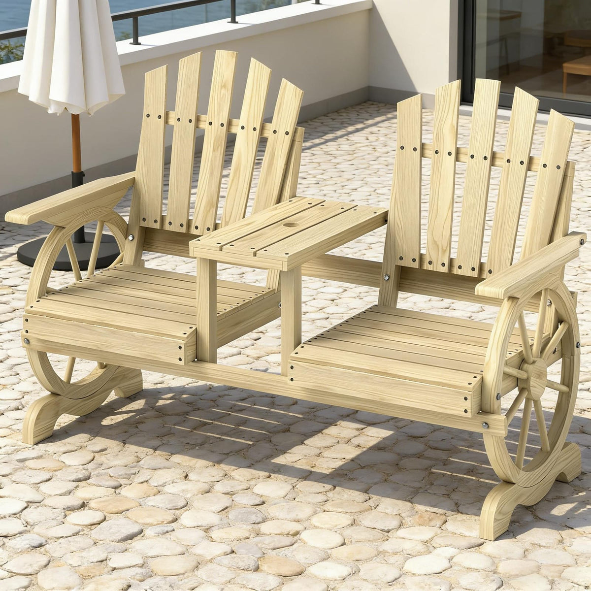 High Back Wooden Garden Bench - 2 Seat Patio Bench