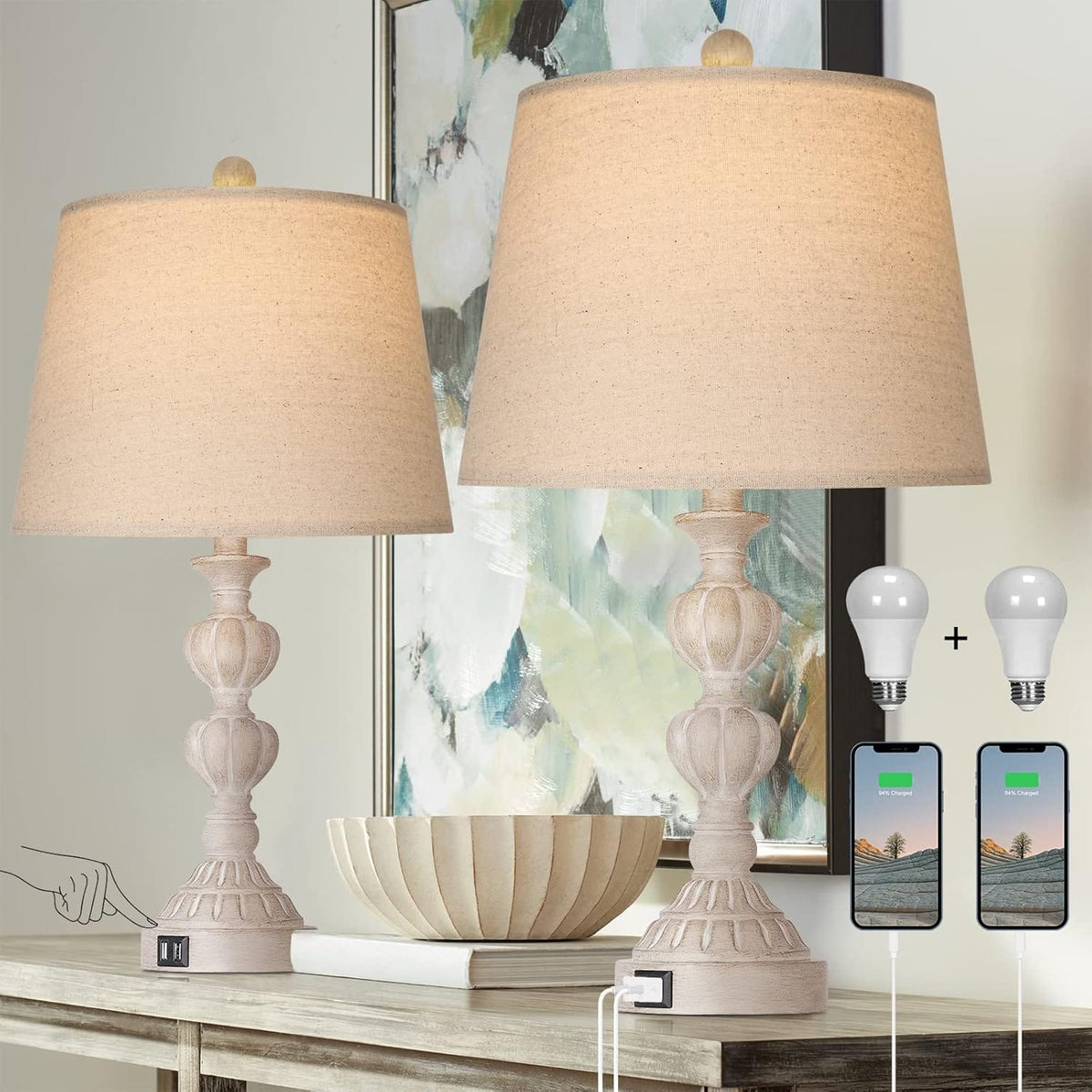 Coastal Farmhouse Table Lamps Set of 2 - Beige, USB Charging Ports