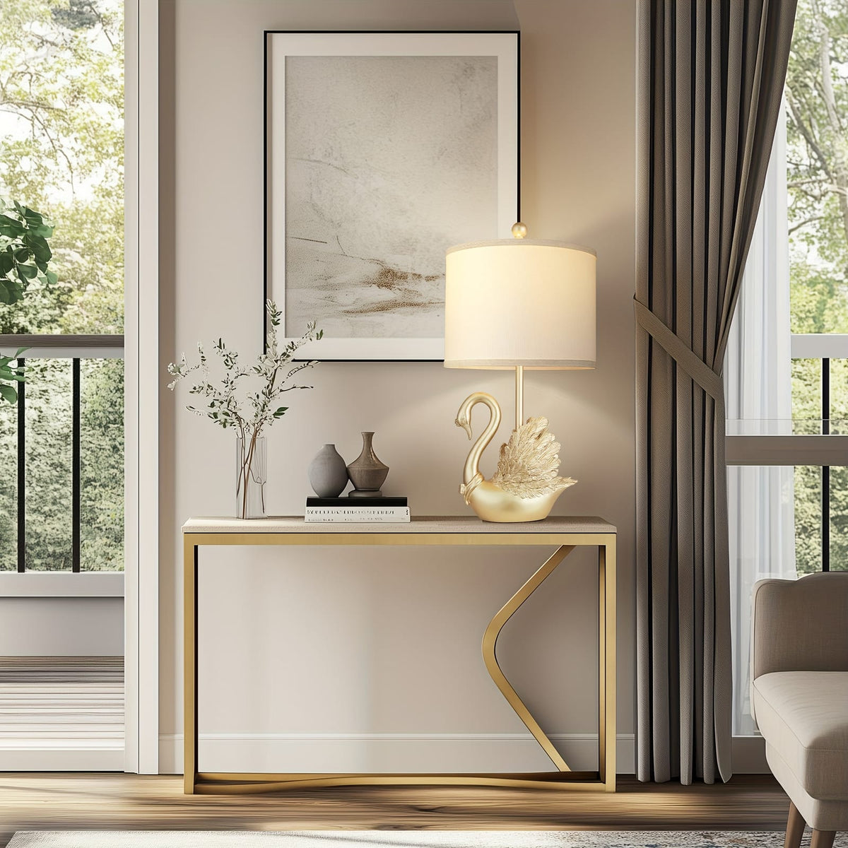 Golden Brass Swan Table Lamps - Set of Two with LED Bulbs