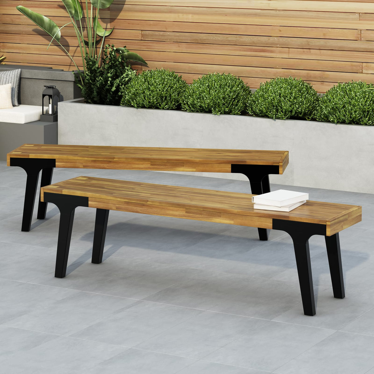 Teak Wood Bench Set of 2 - Patio Dining Seating