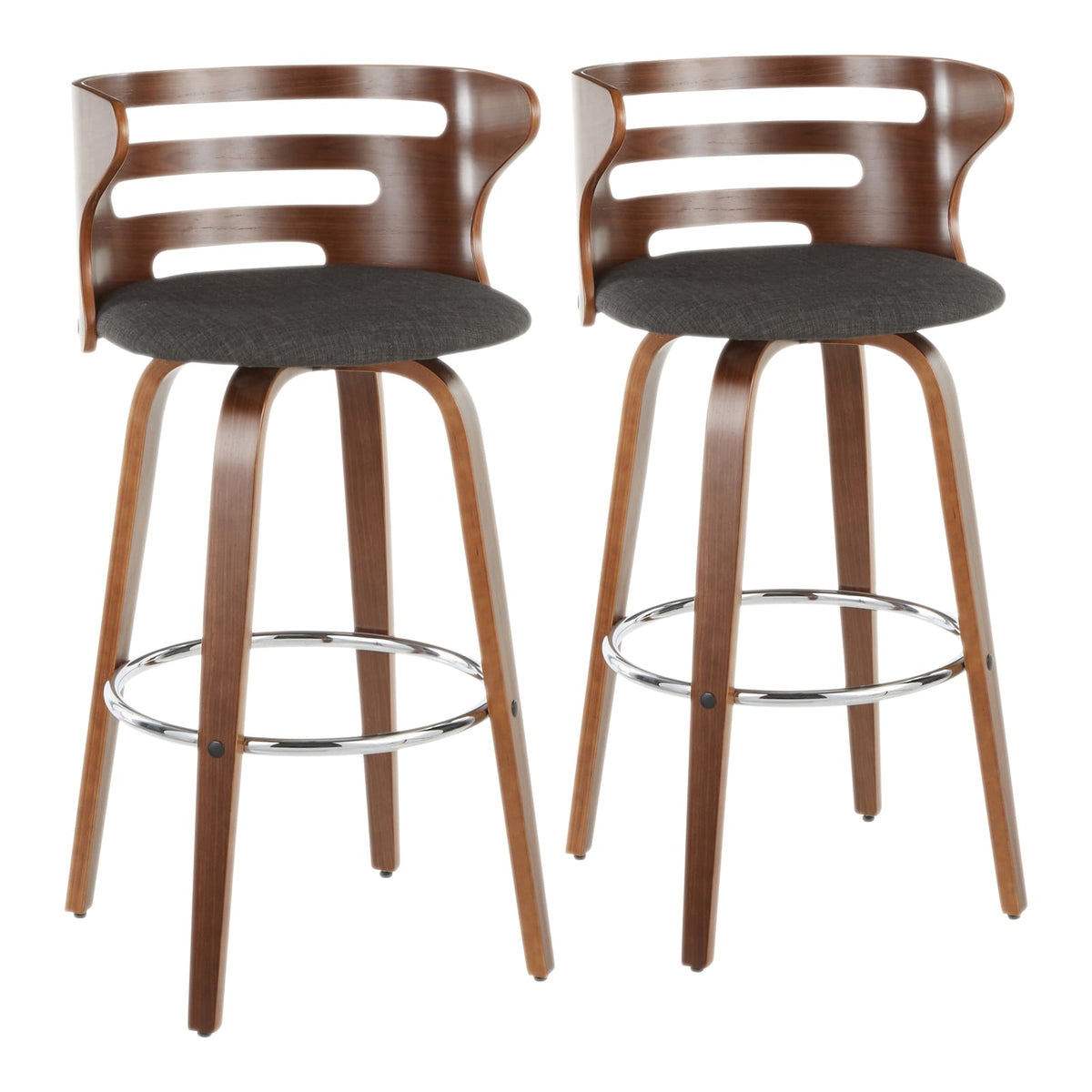 Charcoal Fabric Barstools - 2 Mid-Century Swivel Bar Stools