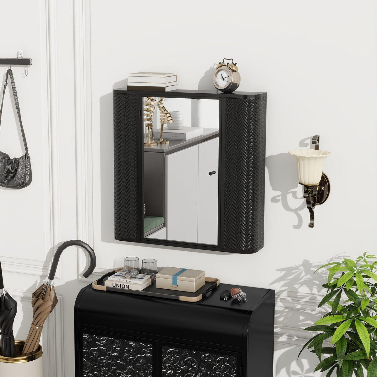 Antique Black Wall Mounted Bathroom Cabinet with Mirror