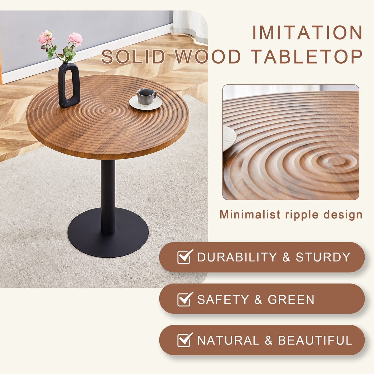31.5 Inch Round Dark Wood Dining Table - Black Metal Stand