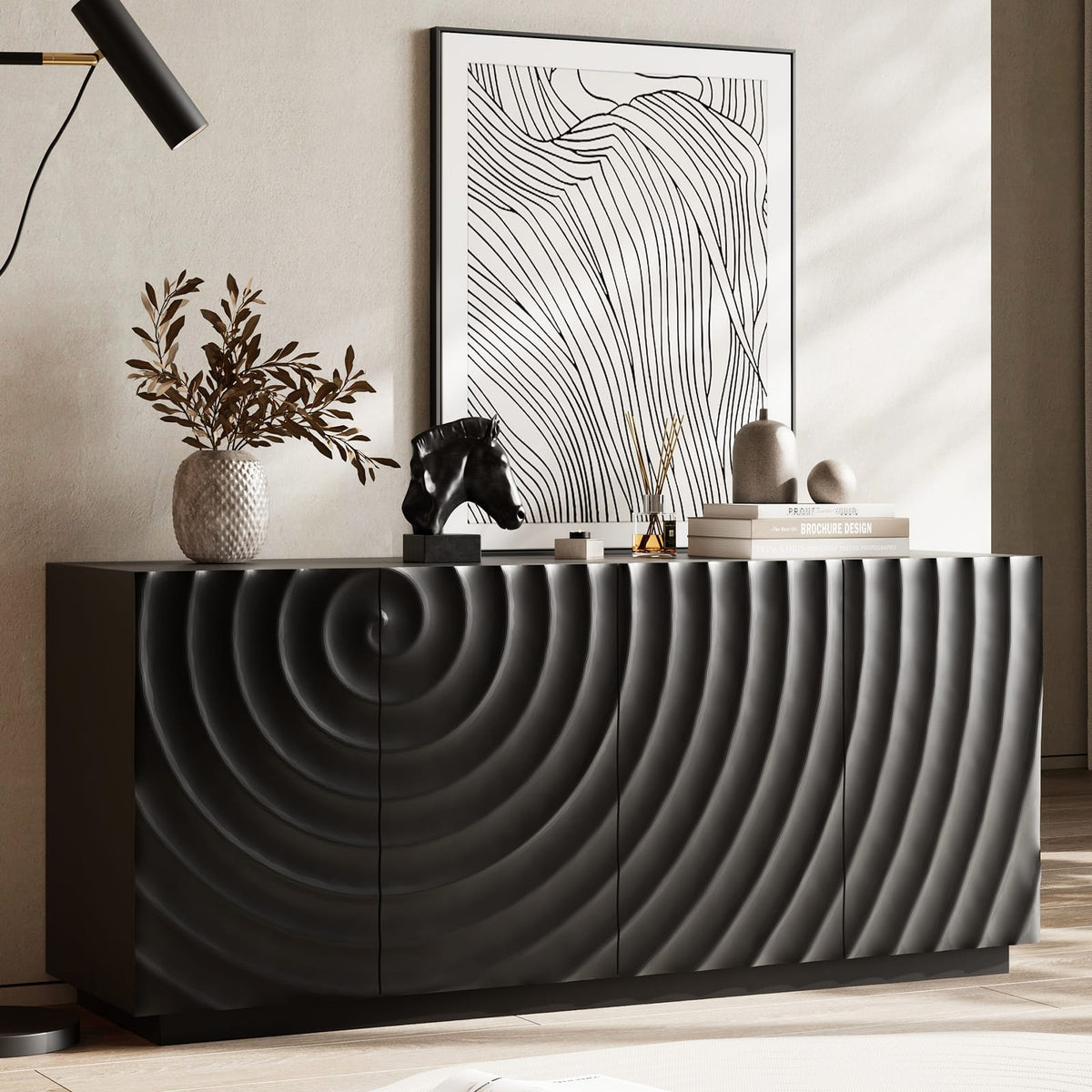Black Buffet Cabinet - 59" Storage Sideboard for Dining Room