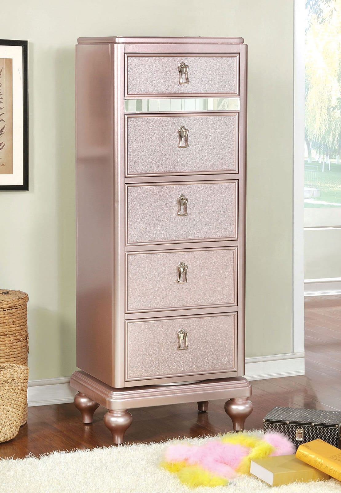 Contemporary Rose Gold Swivel Dresser - Mirror Trim Bedroom Storage