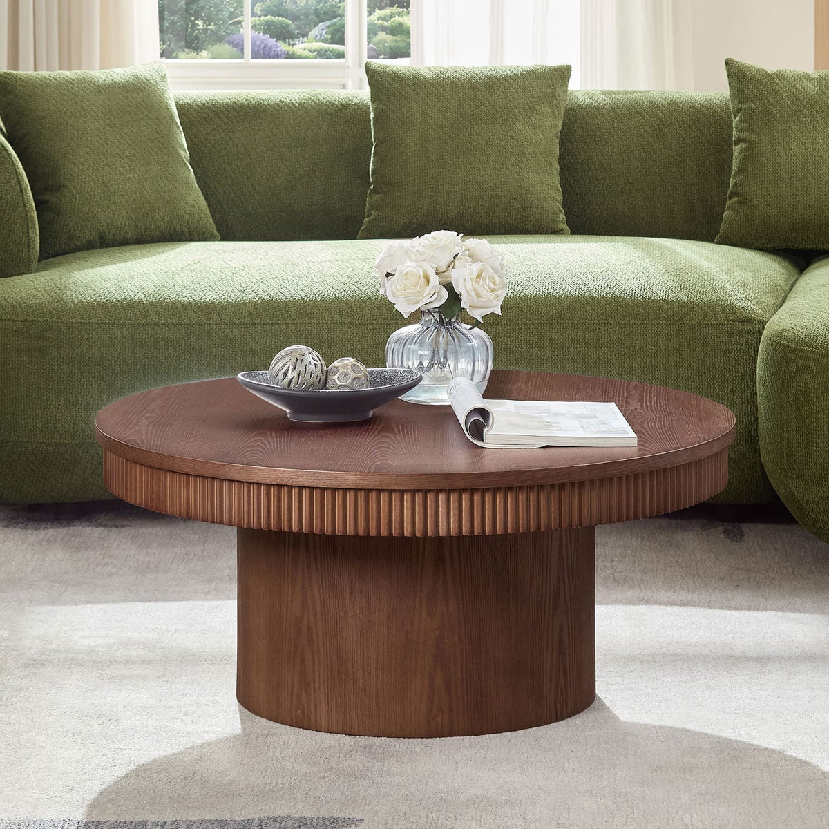 Walnut Round Coffee Table with Wave Trim, MDF for Living Room