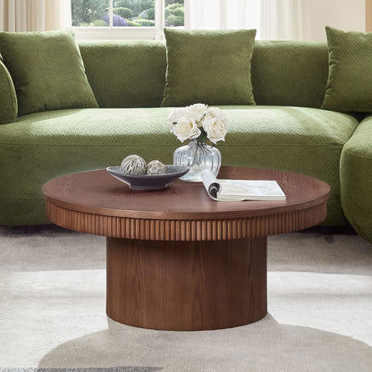 Walnut Round Coffee Table with Wave Trim, MDF for Living Room