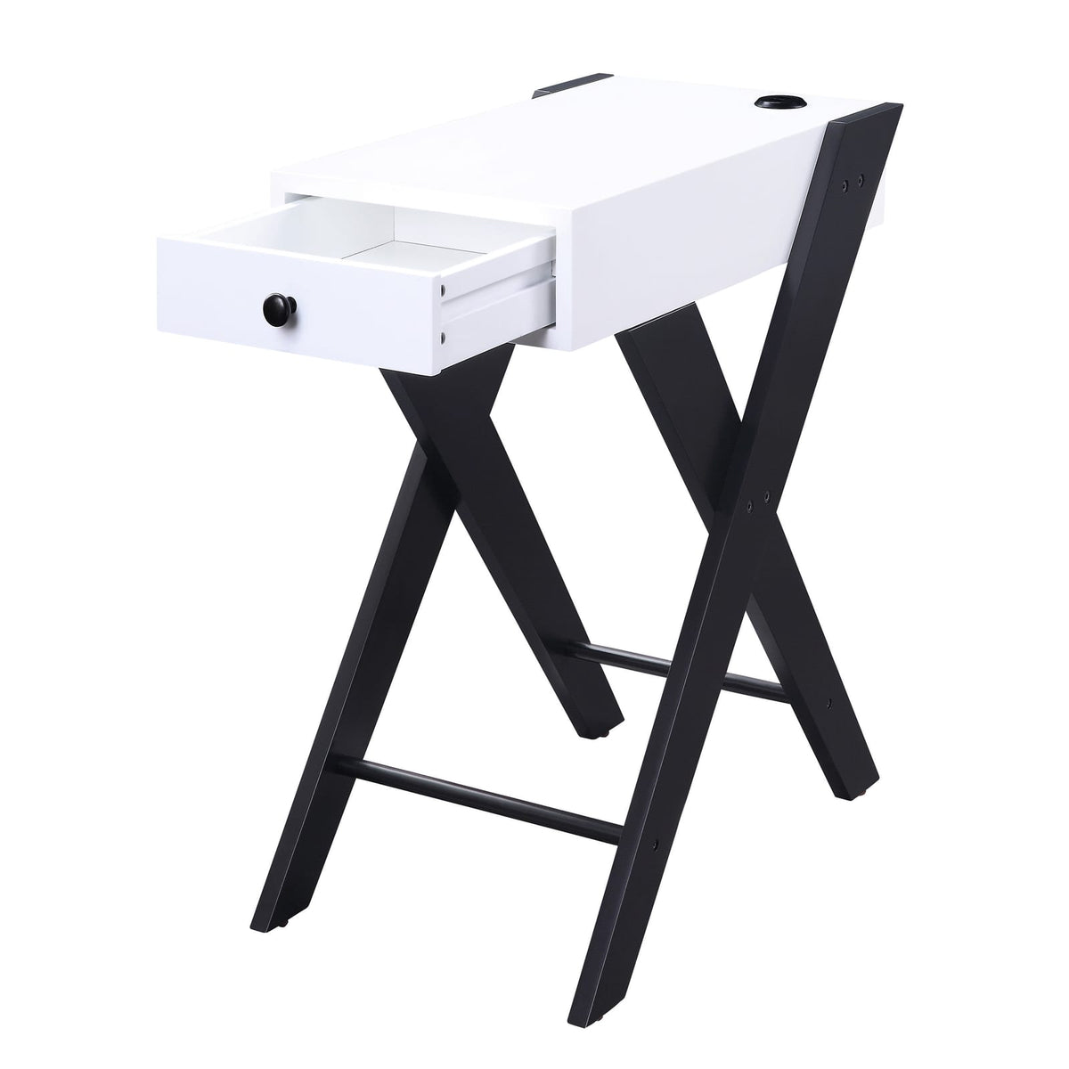White & Black Side Table with USB Ports - Storage Included for Living Room