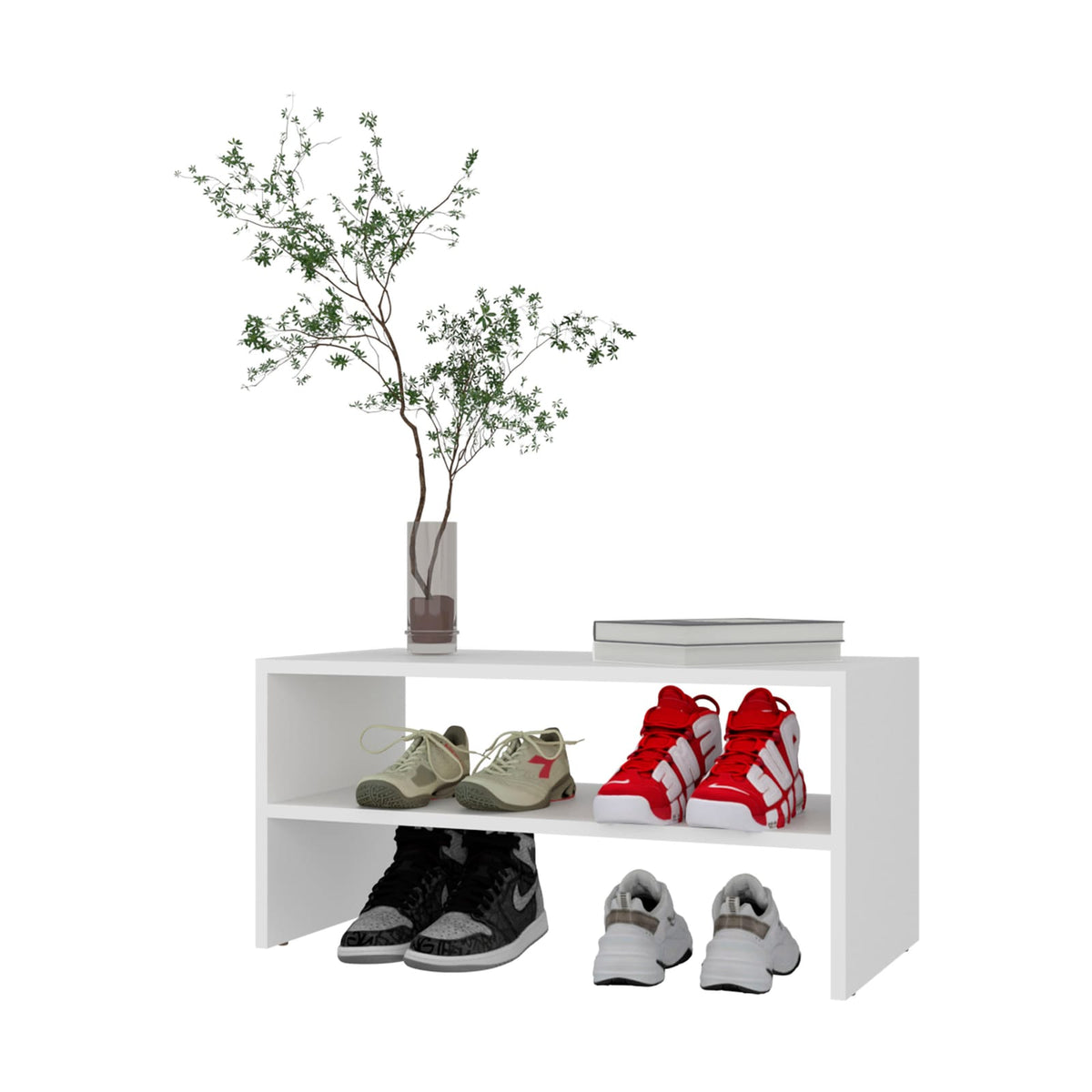 White Engineered Wood Shoe Storage Rack with Two Shelves for Living Room