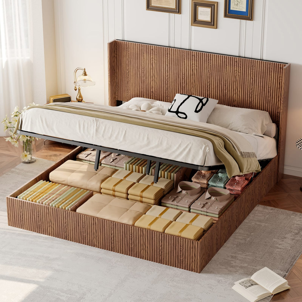 King Size Iron Bed Frame with Natural Wood Storage Platform for Bedroom