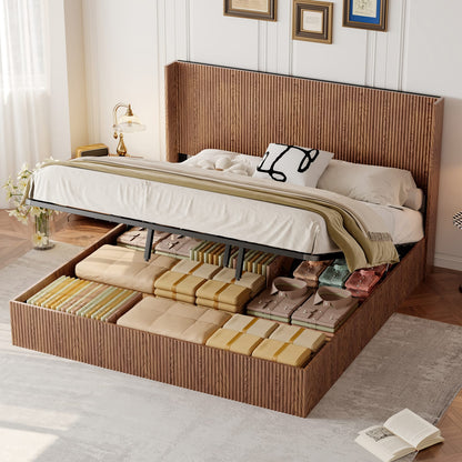 King Size Iron Bed Frame with Natural Wood Storage Platform for Bedroom