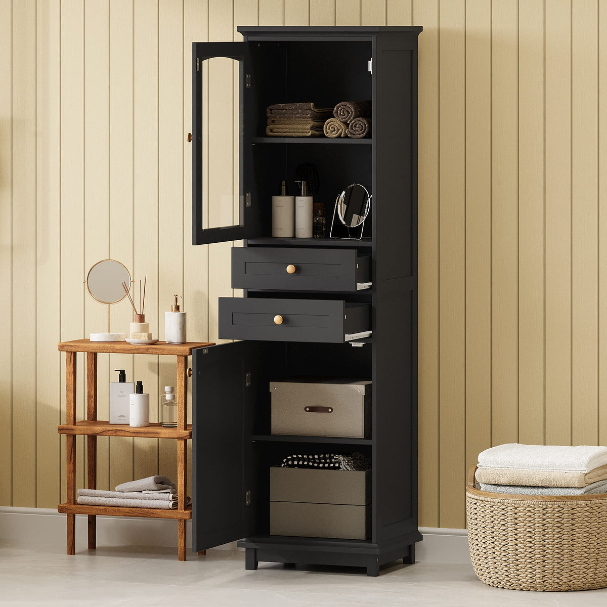 2-Drawer Bathroom Storage Cabinet with Glass Doors - Black