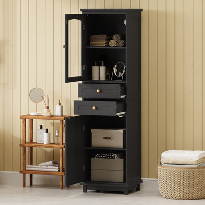 2-Drawer Bathroom Storage Cabinet with Glass Doors - Black