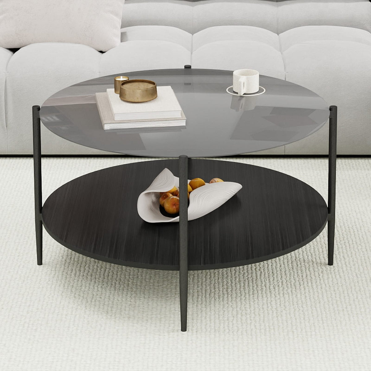 Black Oval Coffee Table with Glass Top & Wooden Shelf