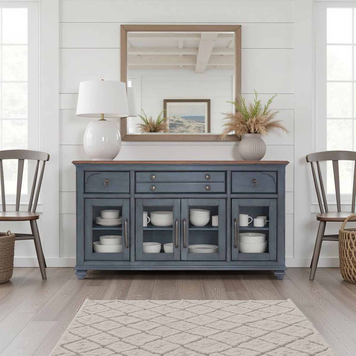 Americana Buffet Server - Blue Brown Wood Cabinet