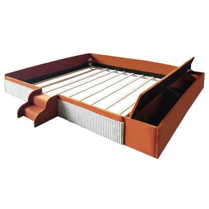 King Size Velvet Daybed with Stairs & Storage Ottoman for Bedroom