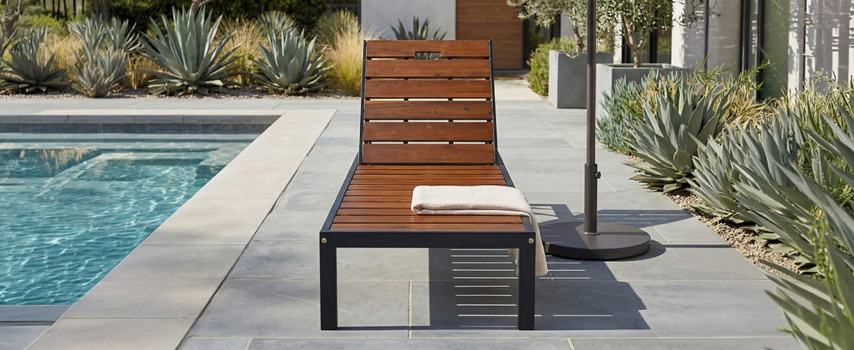 Black+Brown Acacia Wood Patio Chaise Lounge - Outdoor Daybed