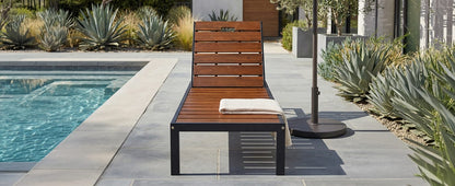 Black+Brown Acacia Wood Patio Chaise Lounge - Outdoor Daybed
