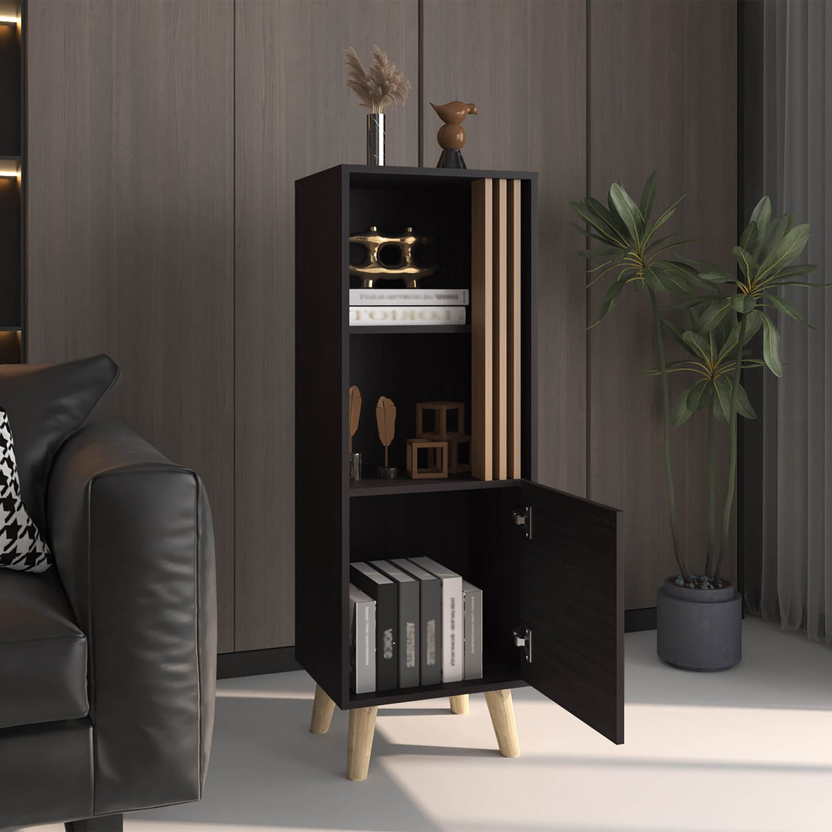 Khaki Black Storage Cabinet 13.8 x 47.2 x 47.2", 2 Shelves for Living Room