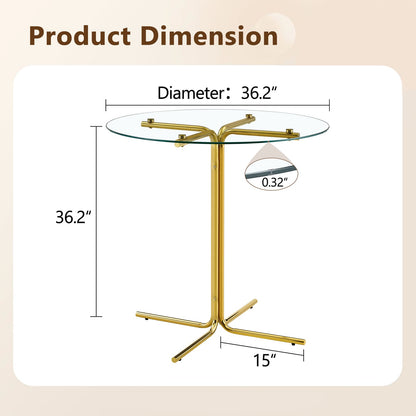 Round Glass Bar Table with 2 Black Stools - Gold Base for Dining Room