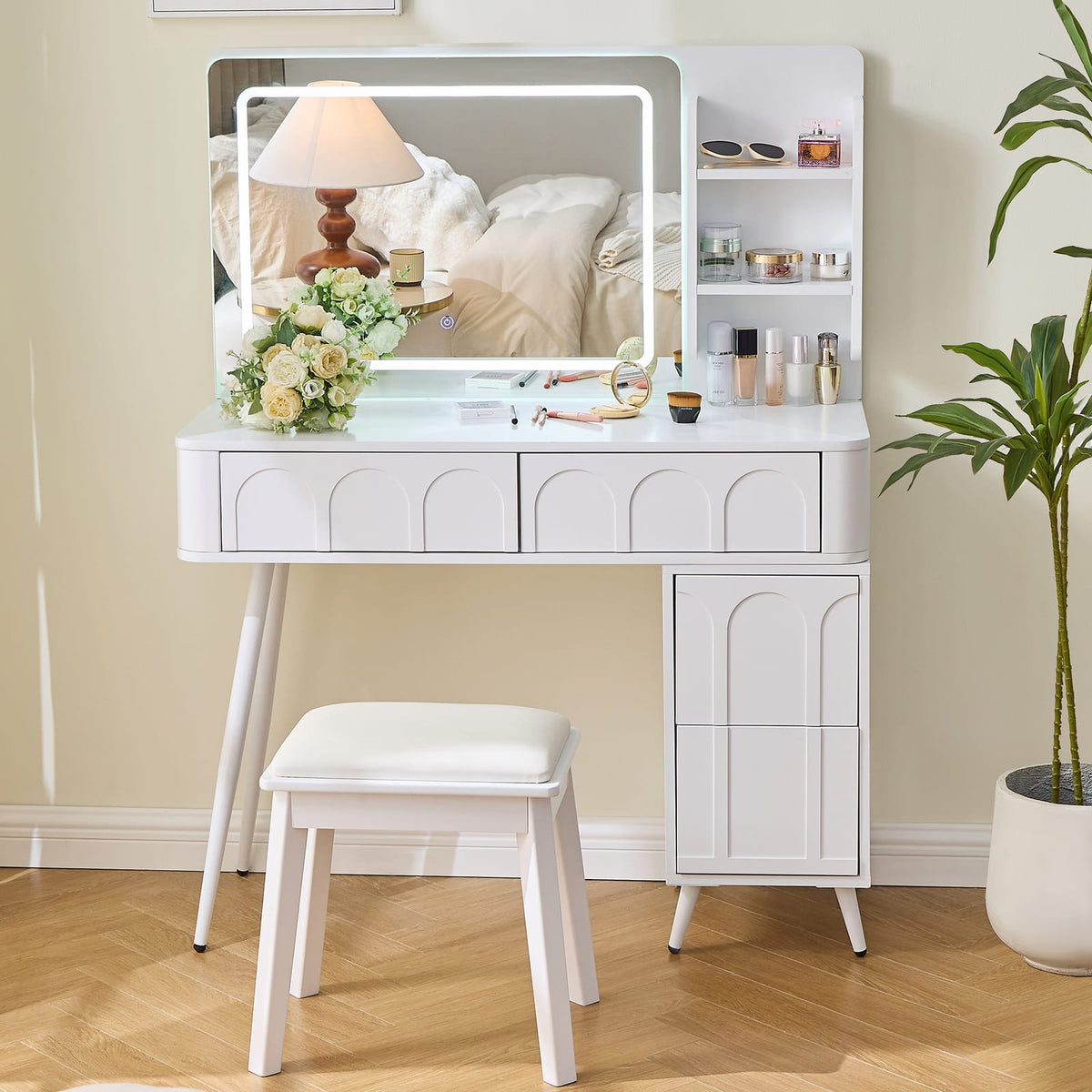White Makeup Vanity Desk with LED Mirror & Stool - 4 Drawers for Bedroom