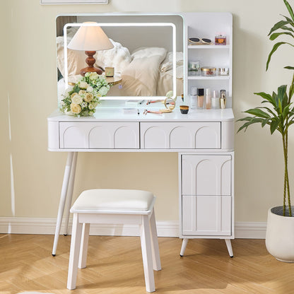 White Makeup Vanity Desk with LED Mirror & Stool - 4 Drawers for Bedroom